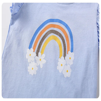 100% Cotton Blue Rainbow Daisy Ruffle Sleeve Top & Shorts Set