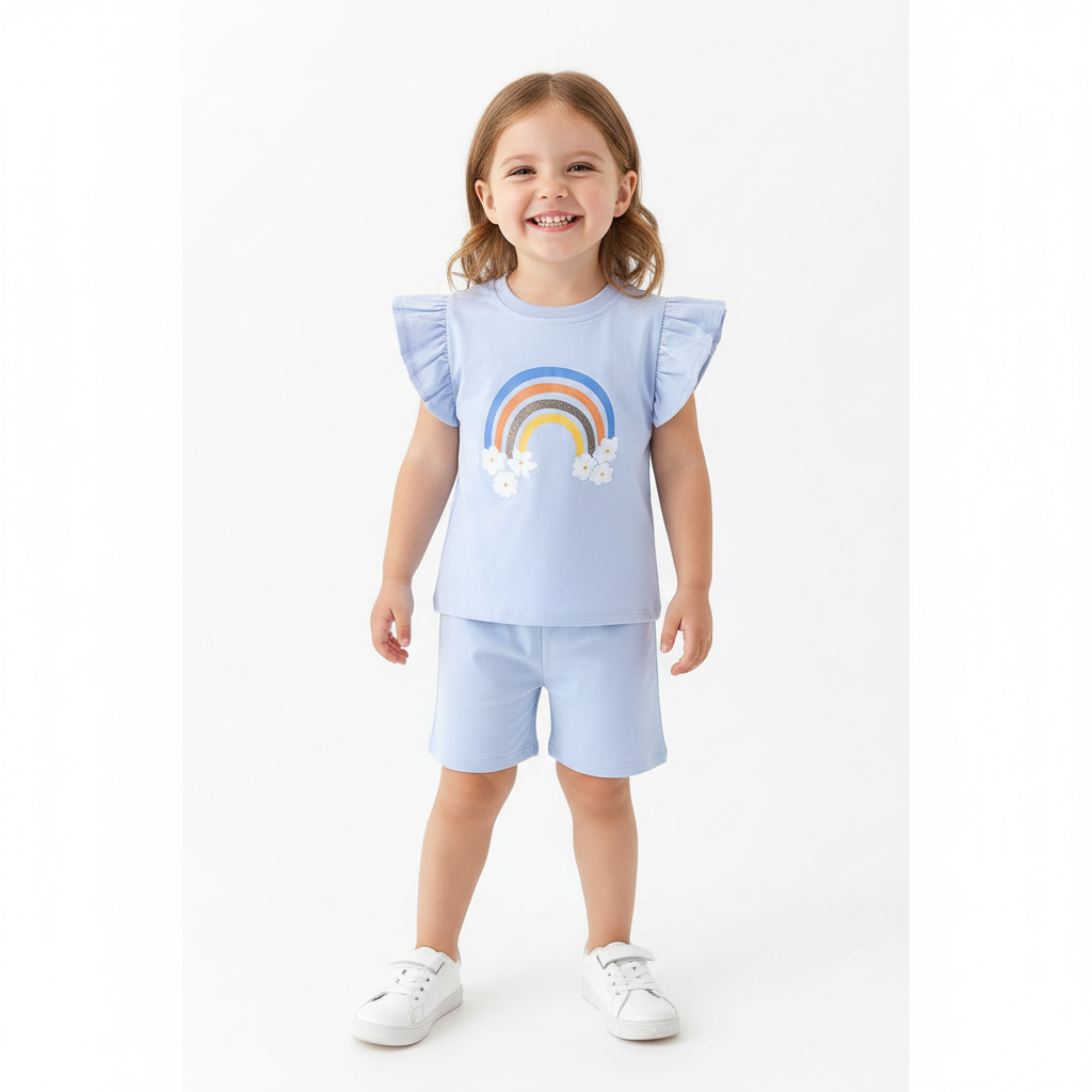 100% Cotton Blue Rainbow Daisy Ruffle Sleeve Top & Shorts Set