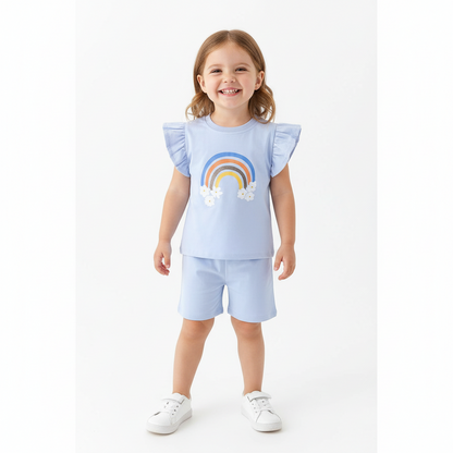 100% Cotton Blue Rainbow Daisy Ruffle Sleeve Top & Shorts Set