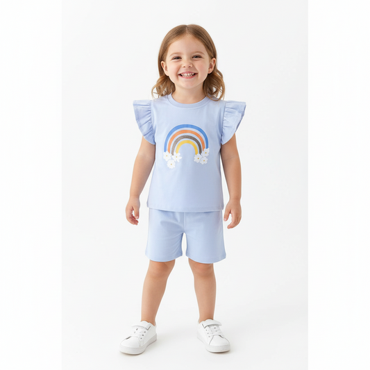 100% Cotton Blue Rainbow Daisy Ruffle Sleeve Top & Shorts Set
