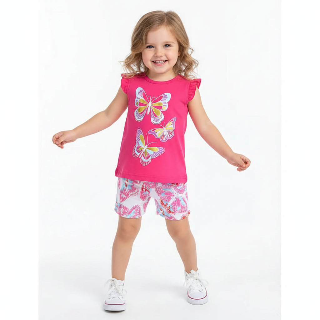 100% Cotton Butterfly Ruffle Sleeve Top & Shorts Set