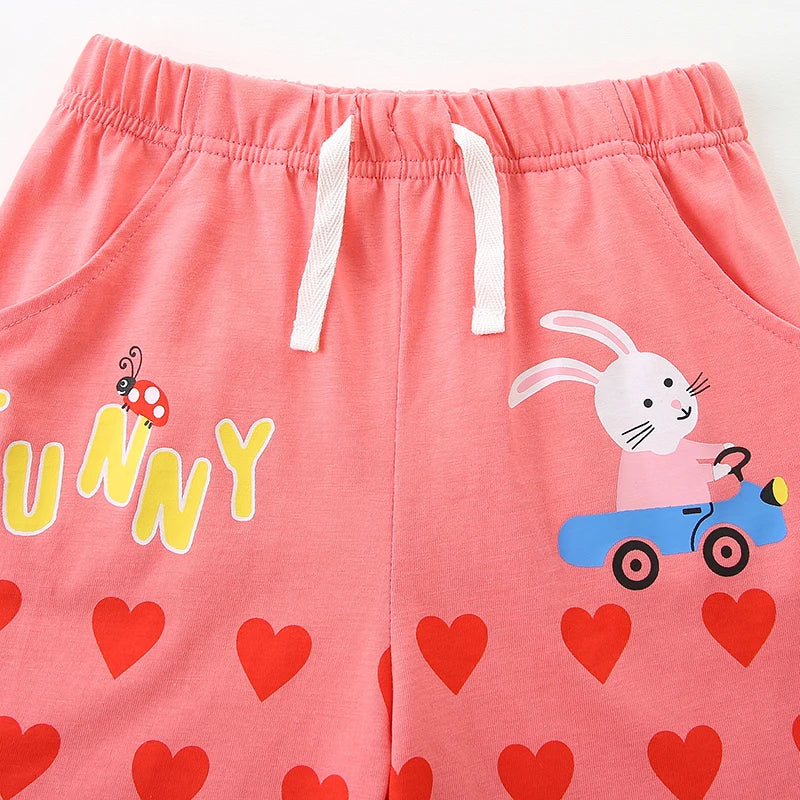 100% Cotton Coral Bunny Print Ruffle Top & Heart Shorts Set