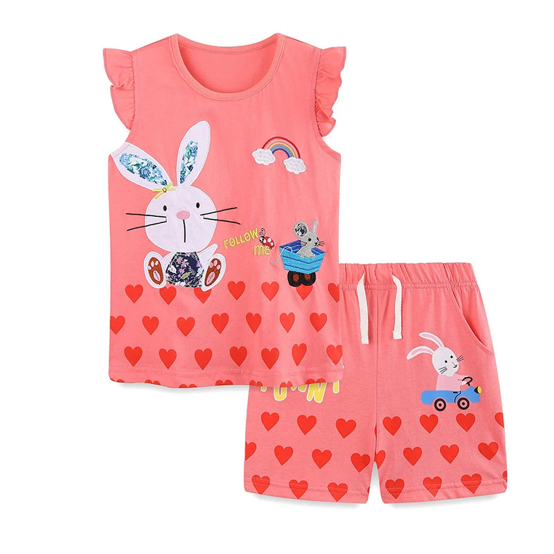 100% Cotton Coral Bunny Print Ruffle Top & Heart Shorts Set