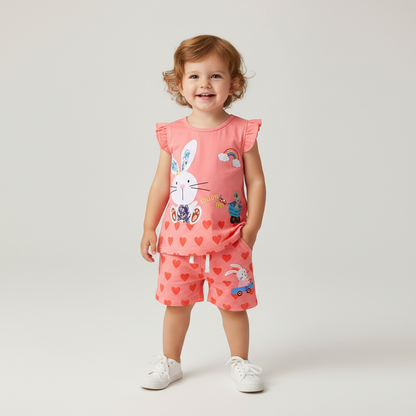 100% Cotton Coral Bunny Print Ruffle Top & Heart Shorts Set