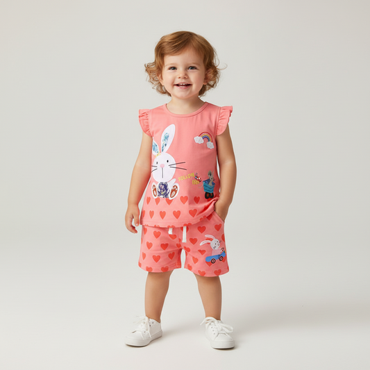 100% Cotton Coral Bunny Print Ruffle Top & Heart Shorts Set