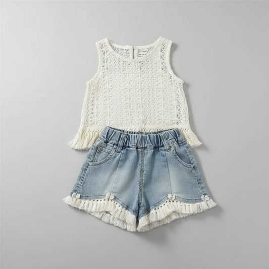 100% Cotton Crochet Fringe Top & Denim Fringe Shorts Set