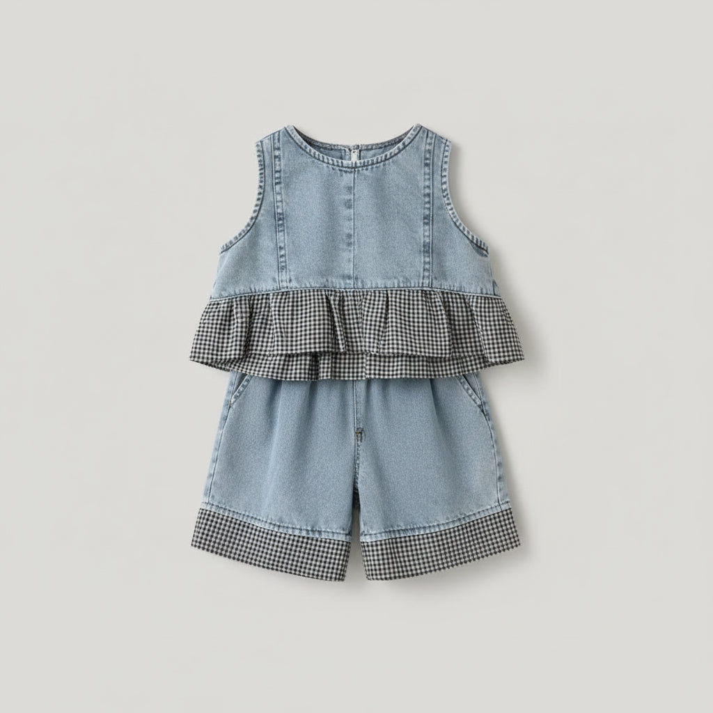 Denim Ruffle Top & Gingham Trim Shorts Set