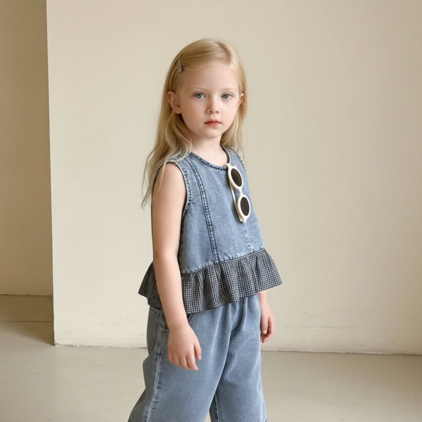 Denim Ruffle Top & Gingham Trim Shorts Set