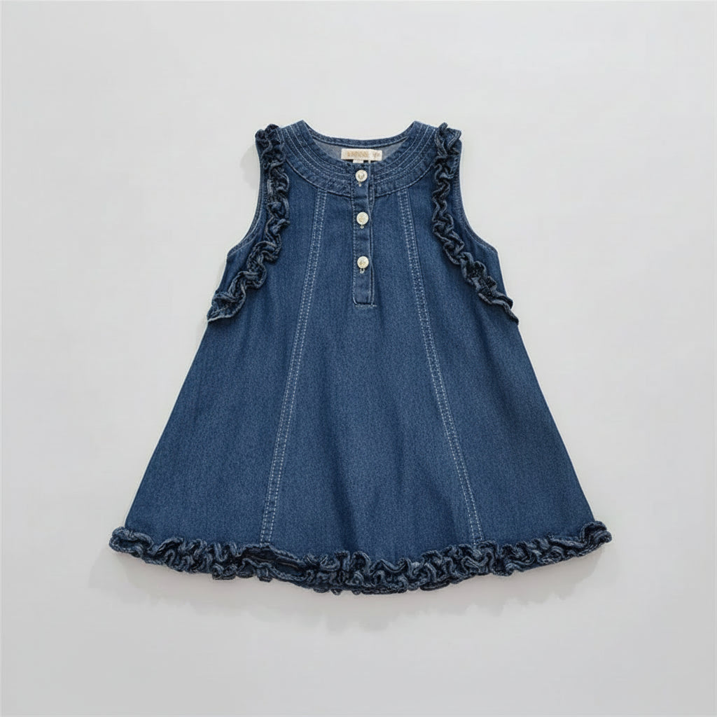 Denim Ruffle Trim Dress With Button Detail