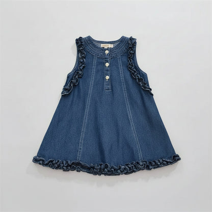 Denim Ruffle Trim Dress With Button Detail