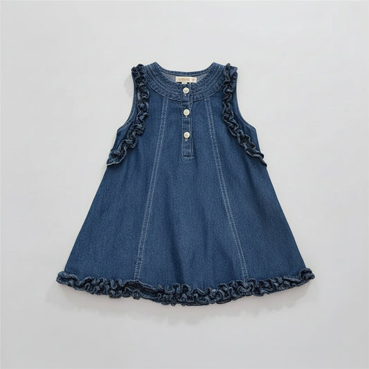 Denim Ruffle Trim Dress With Button Detail