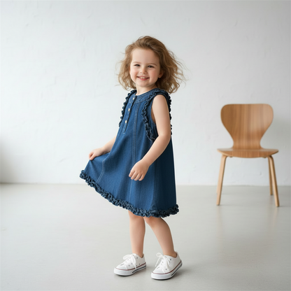 Denim Ruffle Trim Dress With Button Detail