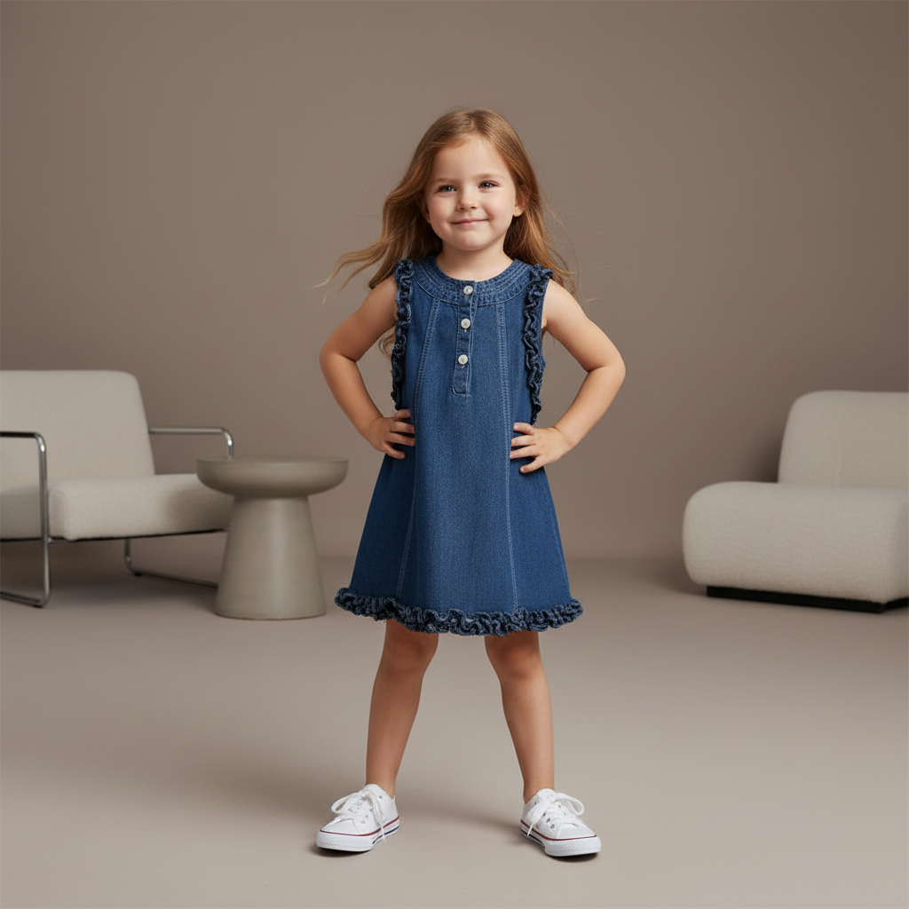 Denim Ruffle Trim Dress With Button Detail