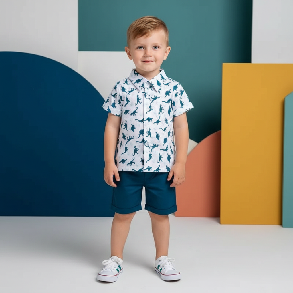 100% Cotton Dinosaur Print Shirt & Navy Blue Shorts Set