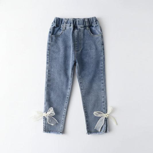Elastic Waist Denim Jeans Pants With Bow Detail
