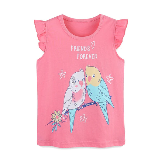 100% Cotton Friends Forever Pink Ruffle Sleeve Top With Birds Print