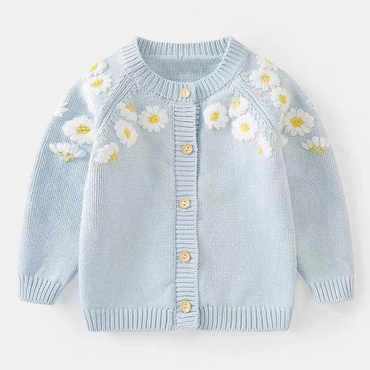 100% Cotton Girls Knitted Daisy Cardigan – Floral Knit Button Sweater