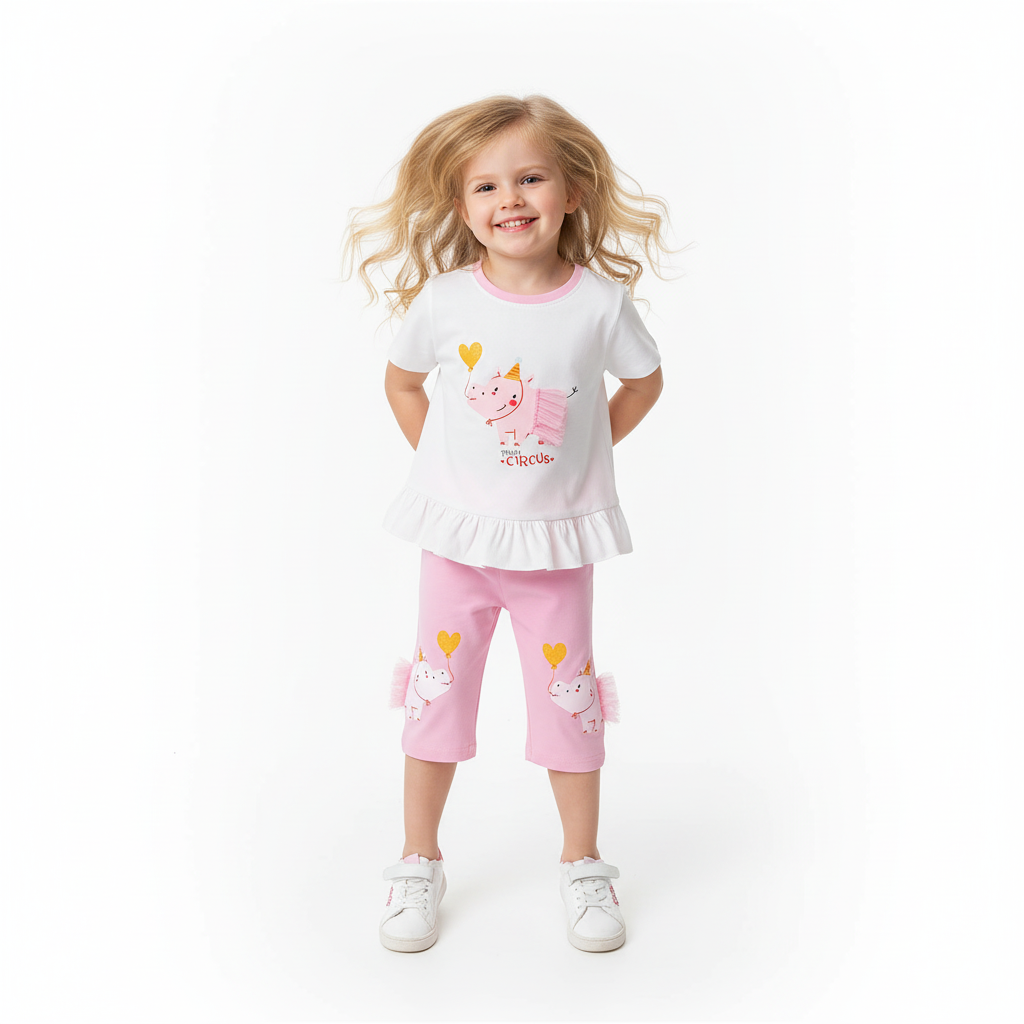 100% Cotton Girls Unicorn Circus Cotton Summer Set – T-Shirt & Capri Pants Outfit