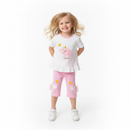 100% Cotton Girls Unicorn Circus Cotton Summer Set – T-Shirt & Capri Pants Outfit