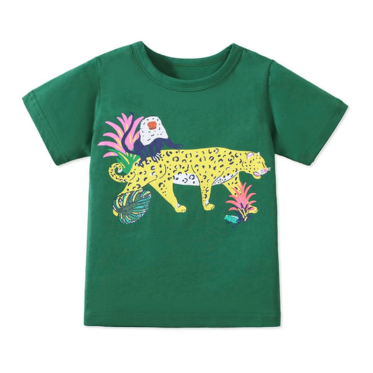100% Cotton Green Jungle Leopard & Monkey Cotton Tee