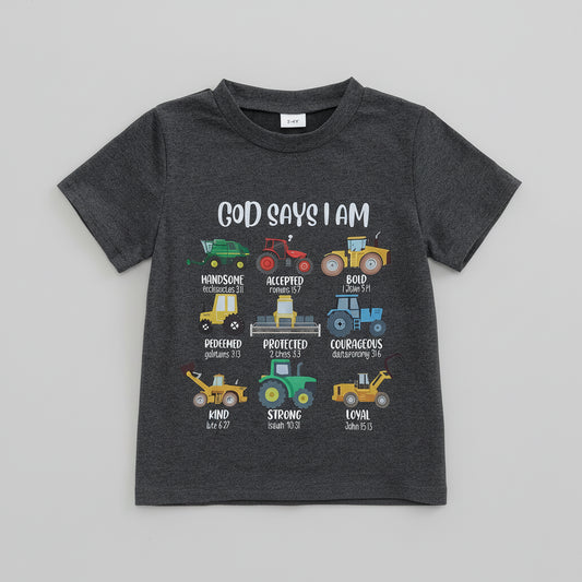 Cotton Inspirational Construction Tractor Print Short Sleeve Tee