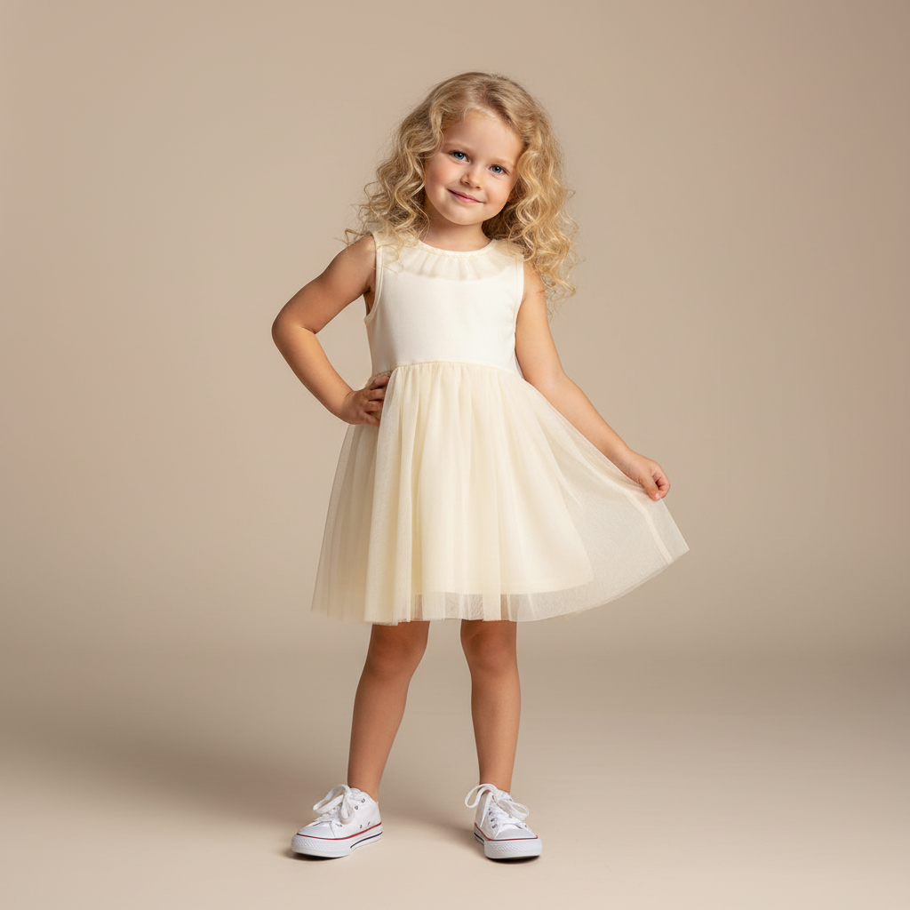 100% Cotton Ivory Tulle Ruffle Neck Dress