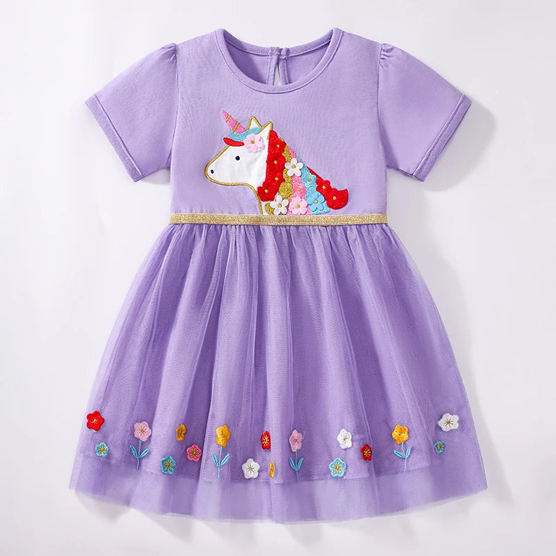 100% Cotton Lavender Unicorn Sequin Tulle Dress With Floral Embroidery