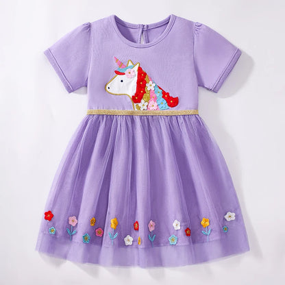 100% Cotton Lavender Unicorn Sequin Tulle Dress With Floral Embroidery