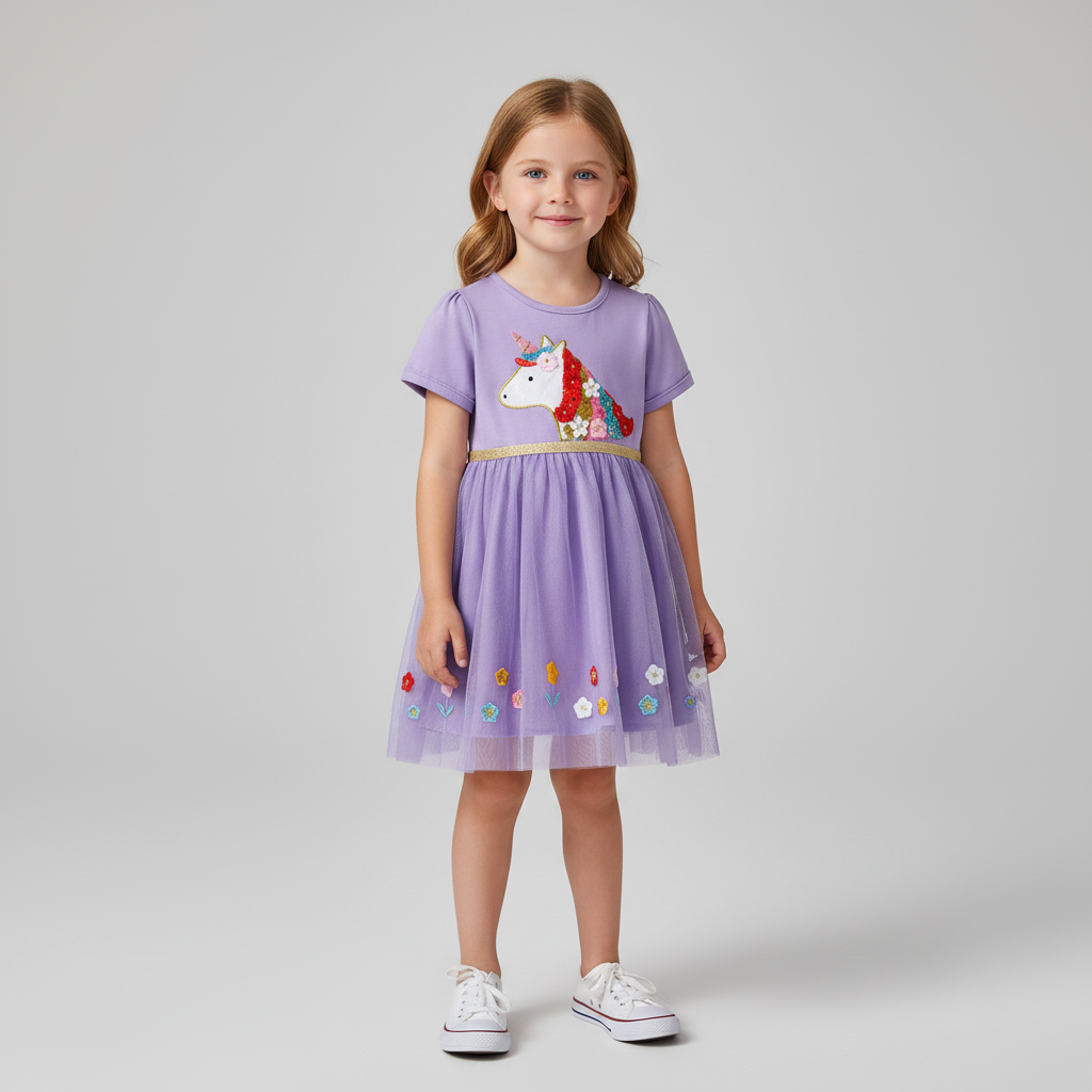 100% Cotton Lavender Unicorn Sequin Tulle Dress With Floral Embroidery