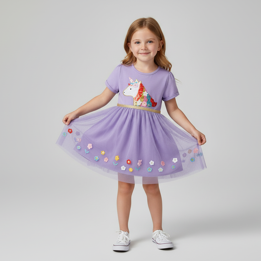 100% Cotton Lavender Unicorn Sequin Tulle Dress With Floral Embroidery