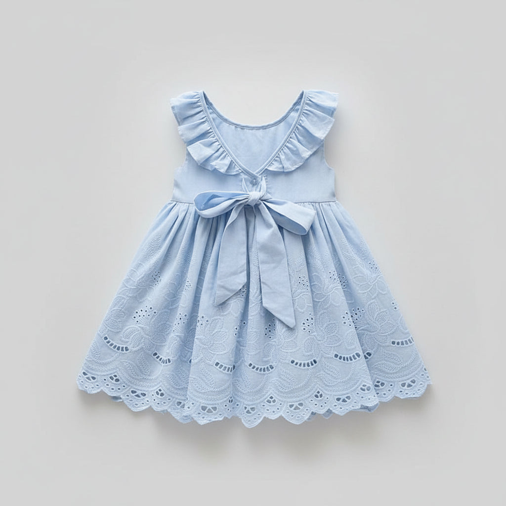 100% Cotton Light Blue Eyelet Lace Dress With Ruffle Collar & Bow
