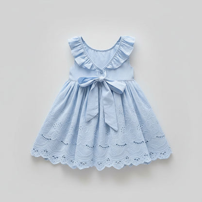 100% Cotton Light Blue Eyelet Lace Dress With Ruffle Collar & Bow