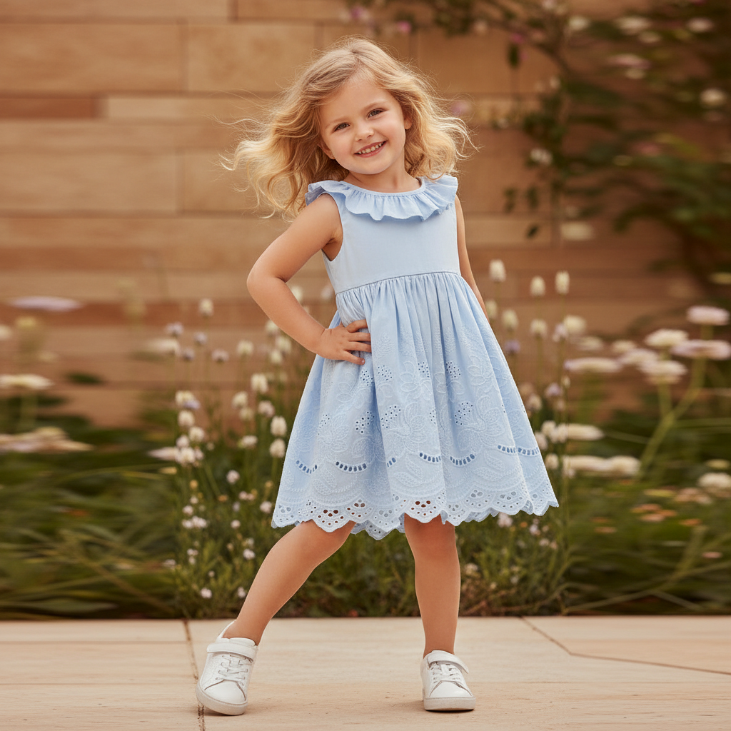 100% Cotton Light Blue Eyelet Lace Dress With Ruffle Collar & Bow