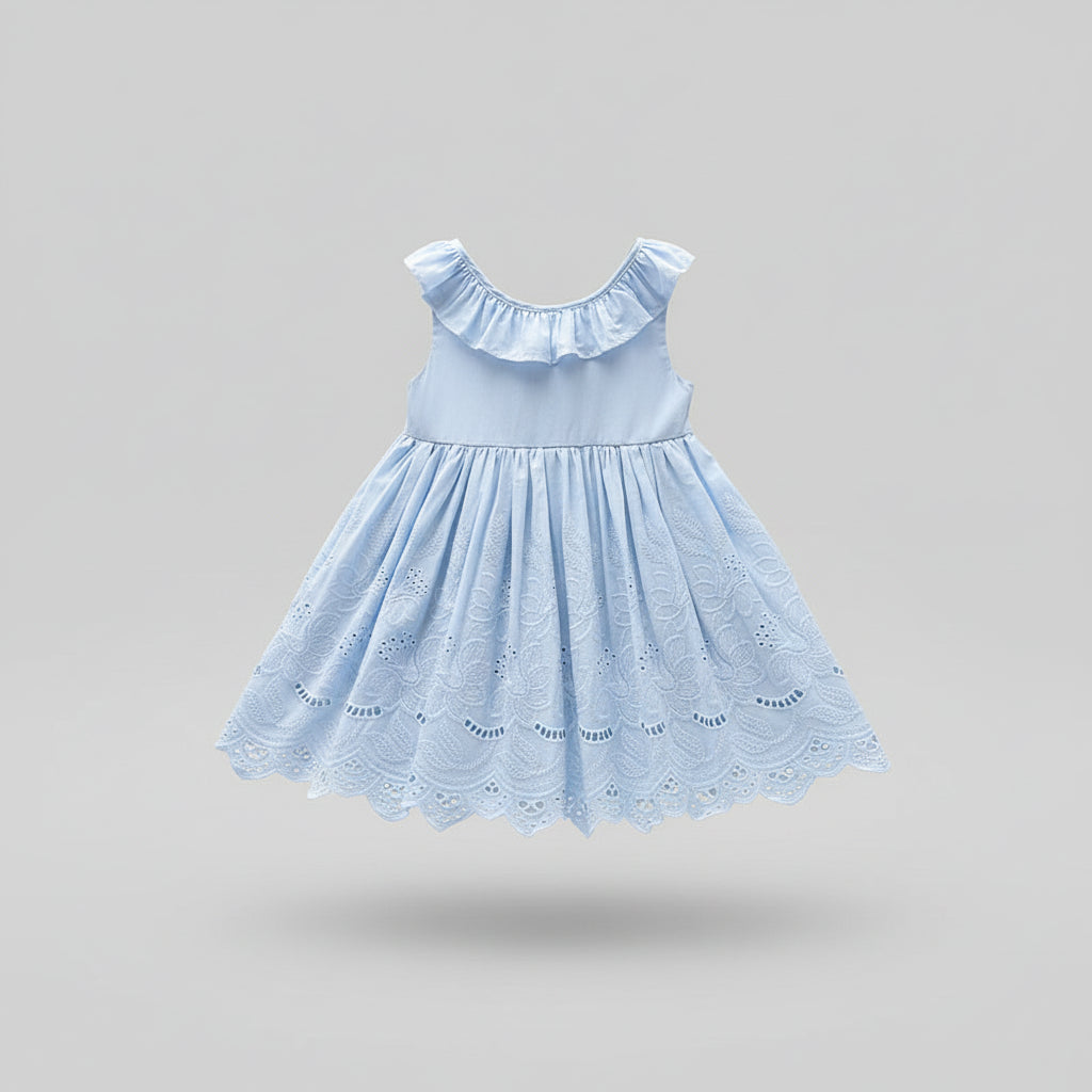 100% Cotton Light Blue Eyelet Lace Dress With Ruffle Collar & Bow