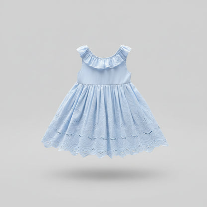100% Cotton Light Blue Eyelet Lace Dress With Ruffle Collar & Bow