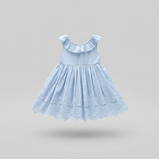 100% Cotton Light Blue Eyelet Lace Dress With Ruffle Collar & Bow