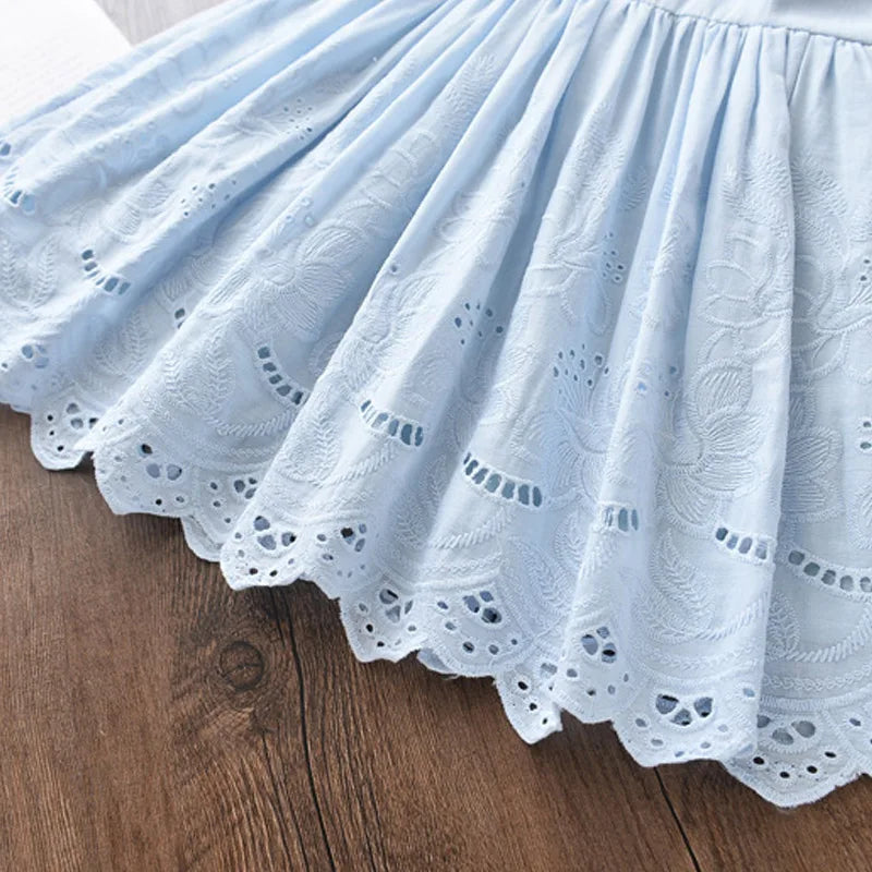 100% Cotton Light Blue Eyelet Lace Dress With Ruffle Collar & Bow
