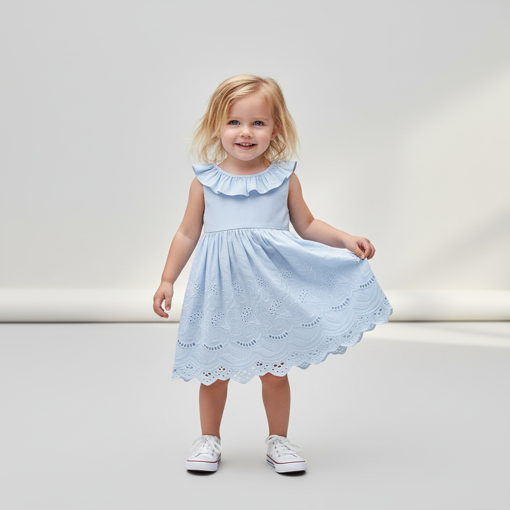 100% Cotton Light Blue Eyelet Lace Dress With Ruffle Collar & Bow