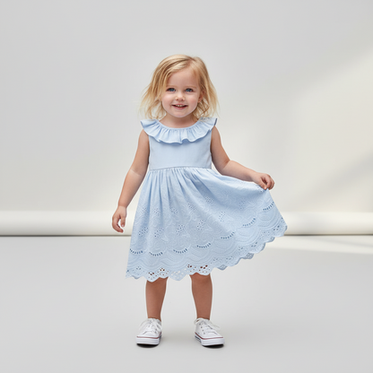 100% Cotton Light Blue Eyelet Lace Dress With Ruffle Collar & Bow