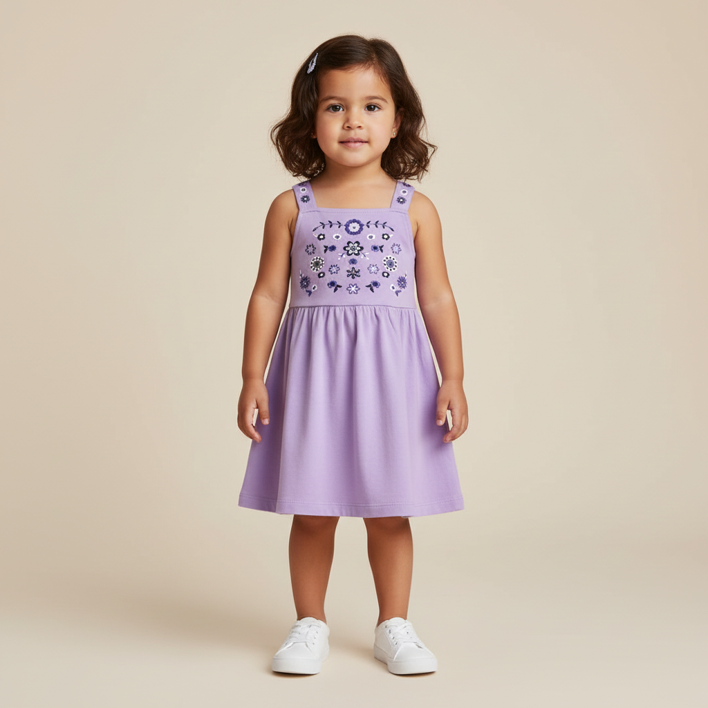 100% Cotton Lilac Embroidered Sundress With Floral Details