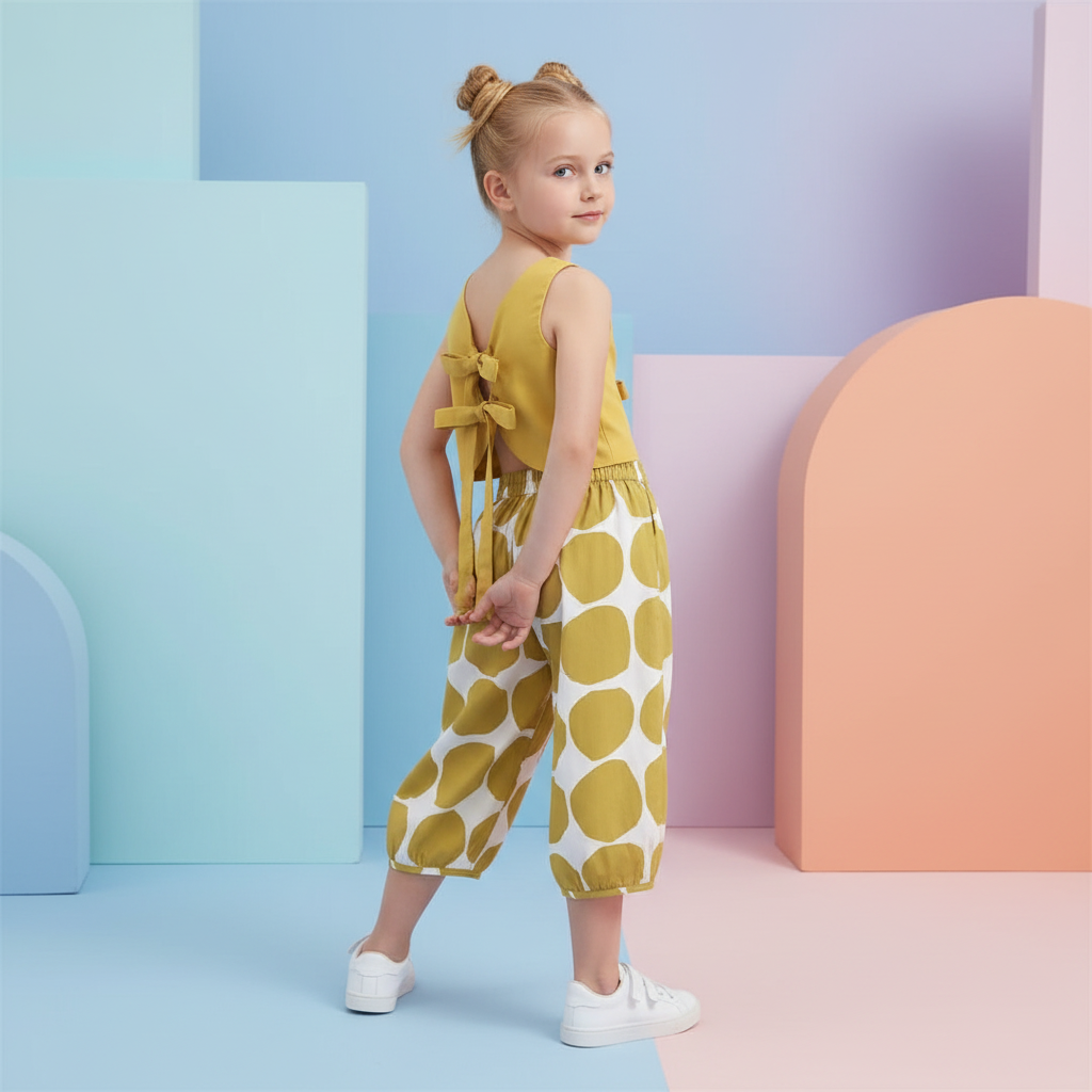 Ewapi toddler mustard tie-back top with polka dot balloon pants set, featuring a stylish, comfortable baby clothing ensemble.