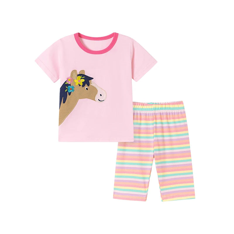 100% Cotton Pastel Striped Shorts & Horse Applique T-Shirt Set