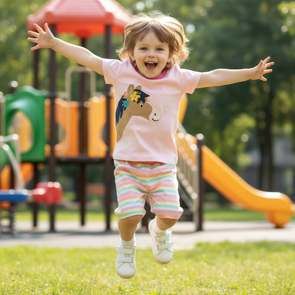 100% Cotton Pastel Striped Shorts & Horse Applique T-Shirt Set