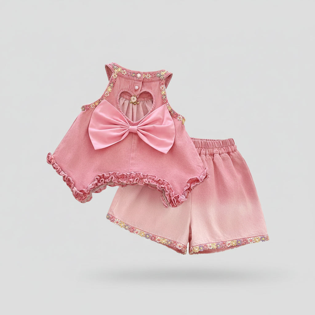 Pink Bow Heart Cutout Top & Floral Trim Shorts Set