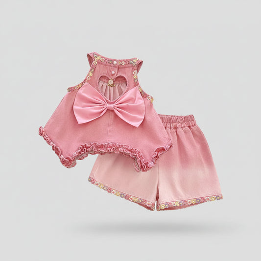 Pink Bow Heart Cutout Top & Floral Trim Shorts Set