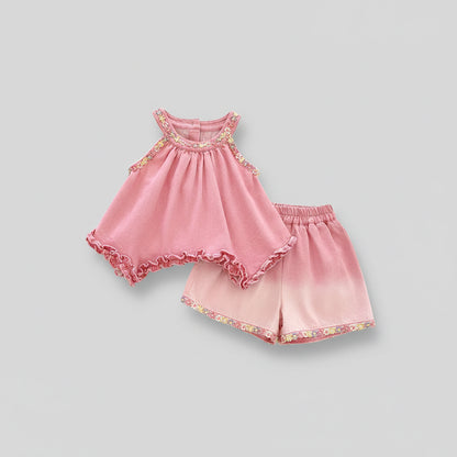 Pink Bow Heart Cutout Top & Floral Trim Shorts Set