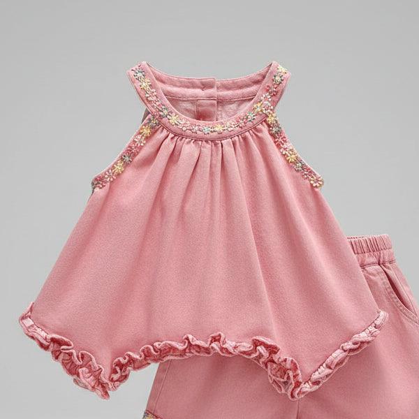Pink Bow Heart Cutout Top & Floral Trim Shorts Set