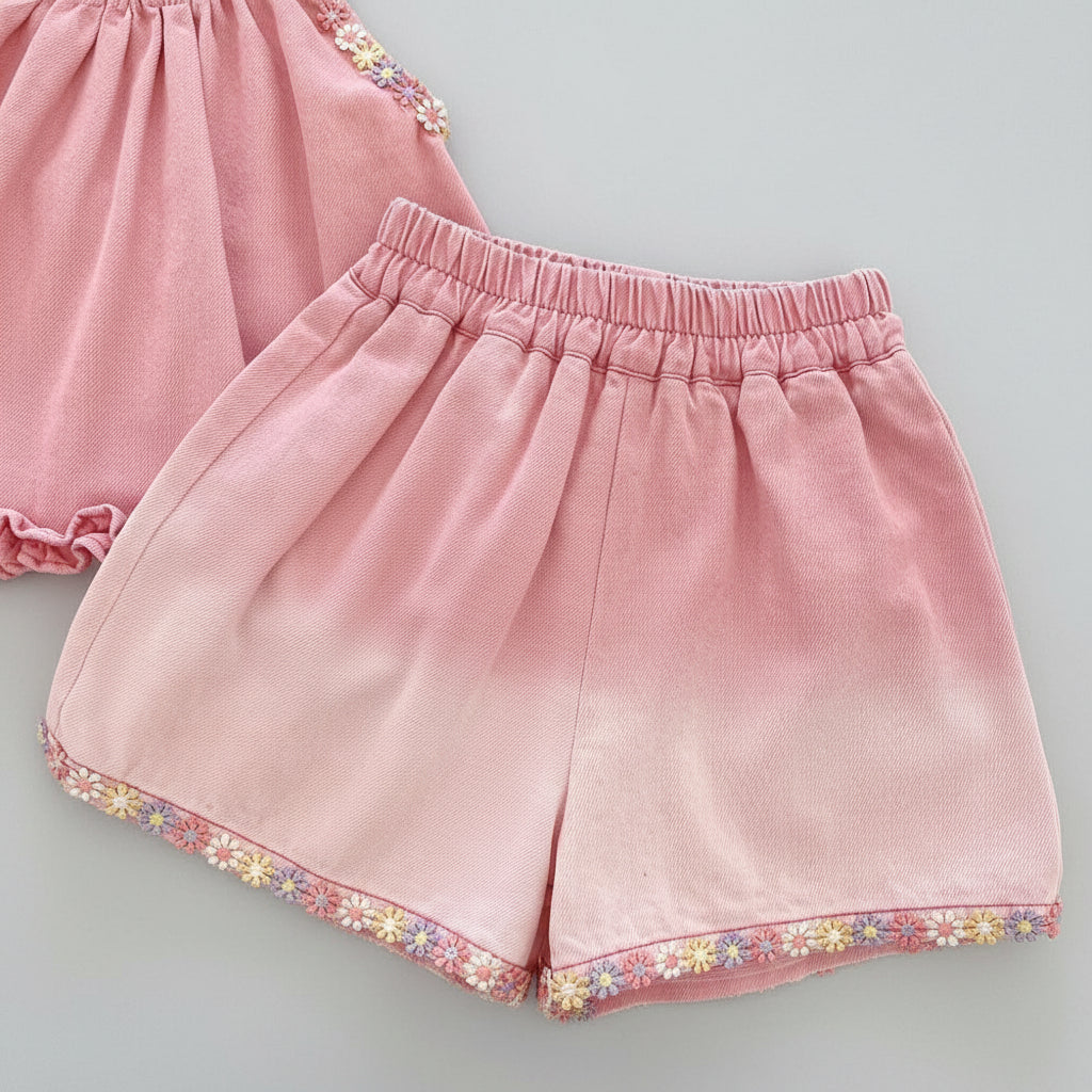 Pink Bow Heart Cutout Top & Floral Trim Shorts Set