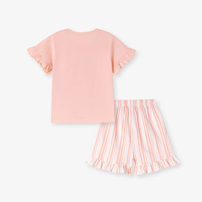 100% Cotton Cat Ruffle Sleeve Top & Striped Ruffle Shorts