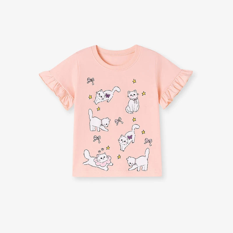 100% Cotton Cat Ruffle Sleeve Top & Striped Ruffle Shorts